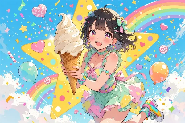 虹の下で巨大アイスクリームの贈り物