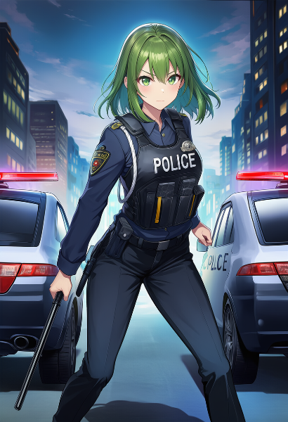 夜の街を守る緑髪の女警官