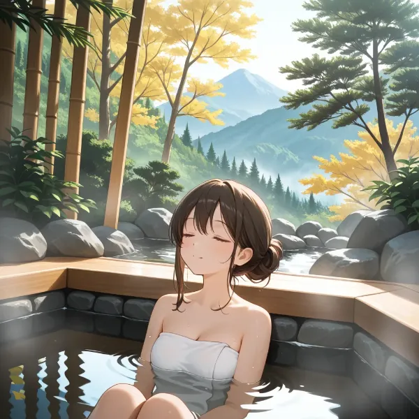 秋の温泉で安らぐ少女