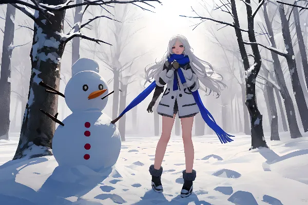 銀髪の少女と雪だるまの冬の出会い