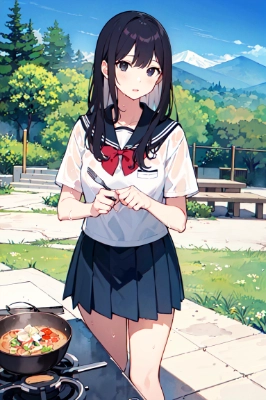 水遊びの後に料理をする女子高校生