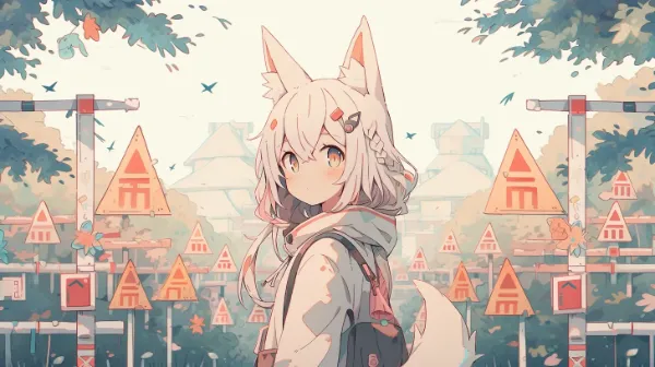 不思議な標識の森をゆく狐娘