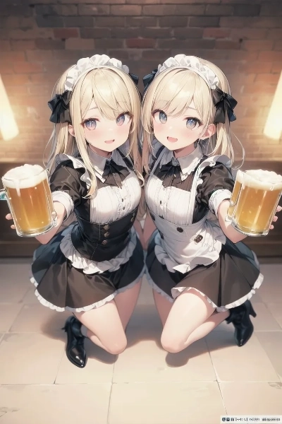 ビールを給仕する金色の髪の姉妹