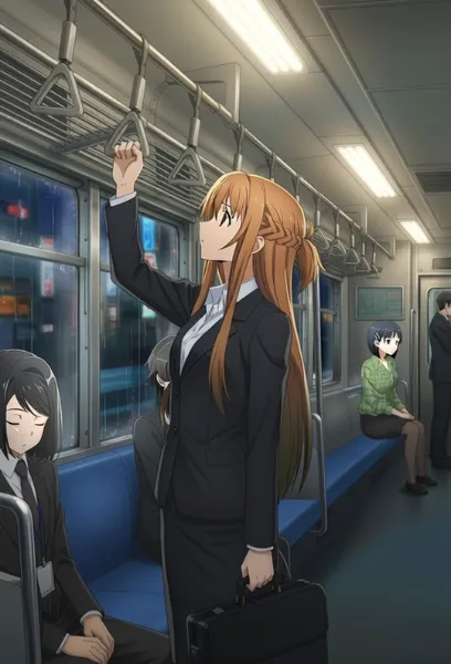 つり革に掴まっているお疲れのアスナ