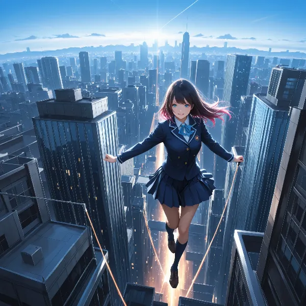 都市の空を駆ける少女