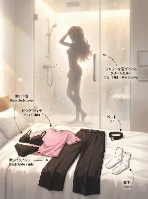 シャワーを浴びているクリームヒルトのシルエット🚿