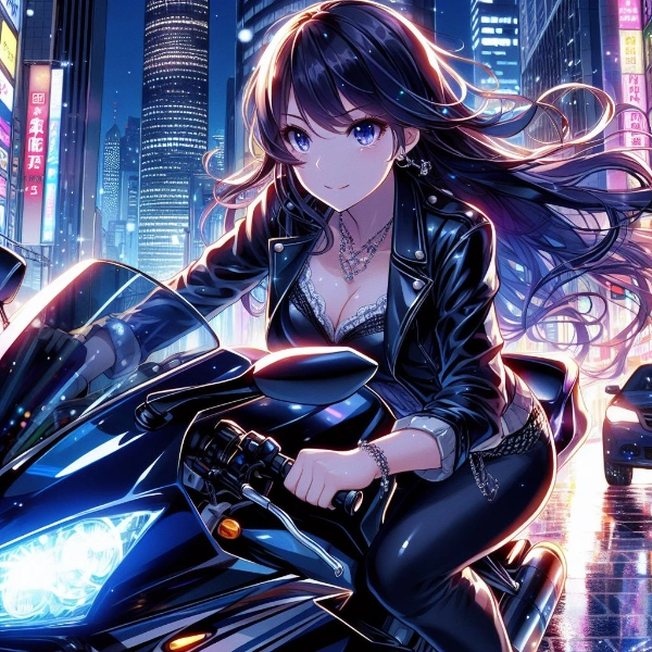 夜の街をバイクで駆け抜ける美女
