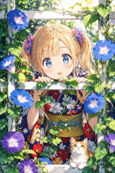 朝顔のすき間で、目が合った
