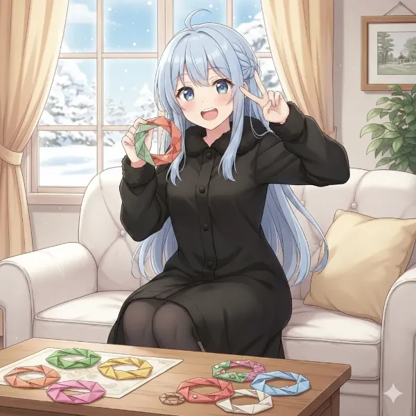 雪窓辺の折り紙少女の微笑み