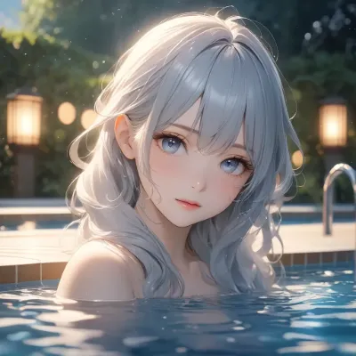 月夜のプールに浮かぶ銀髪