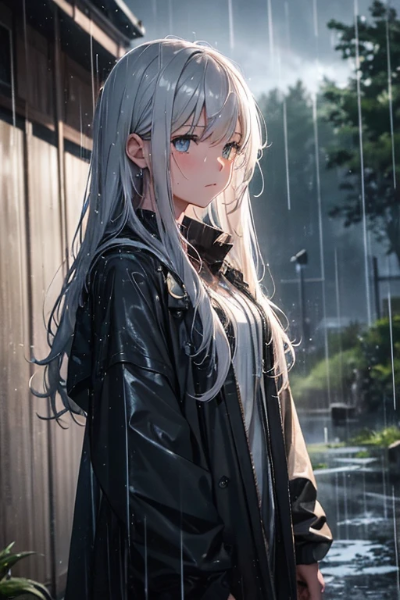 雨の中の銀髪少女。