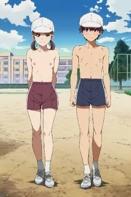 上半身裸に体操着の短パンの男子女子