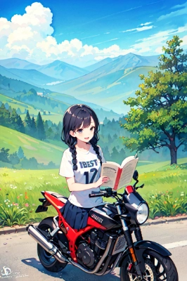 バイクの上で本を読む少女