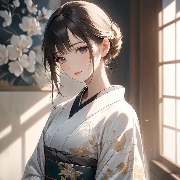 朝の光に輝く浴衣少女