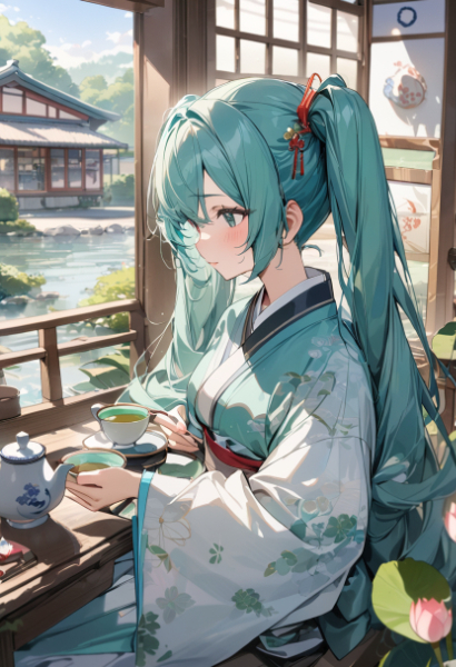 和風庭園を眺めながらお茶の時間を楽しむミク姫