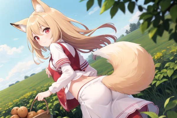 A cute fox girl with farmer work clothes is harvesting potatoes in potato field.