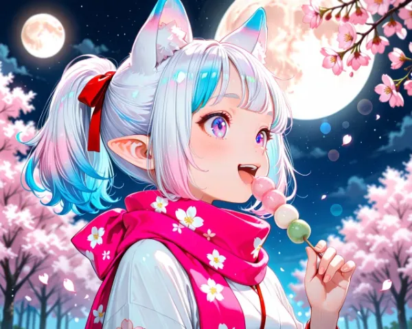 7枚）夜桜とケモ耳エルフさん