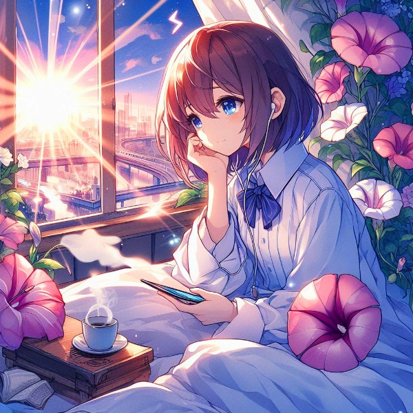 ほおづえをついている、アサガオな女の子＊(4枚)