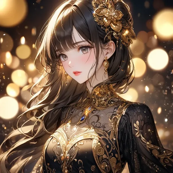 黄金の夜に輝く黒髪美女