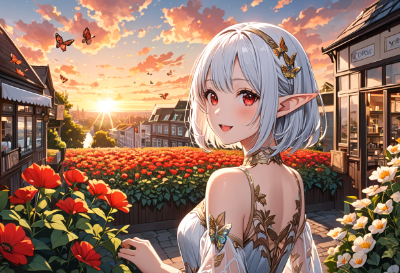 夕暮れと花