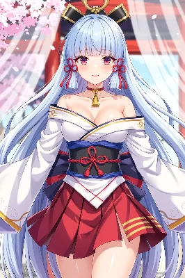 桜舞う神社に立つ白銀の巫女