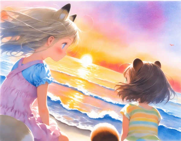 コン子とポン子・無人島の夕日