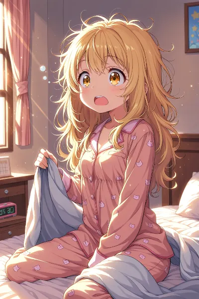 朝陽に目覚める猫パジャマの少女