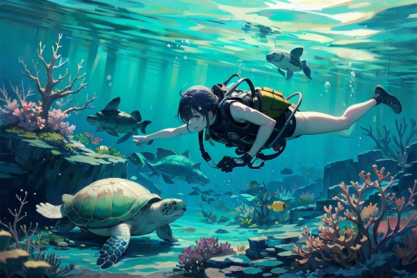 海亀とダイバー