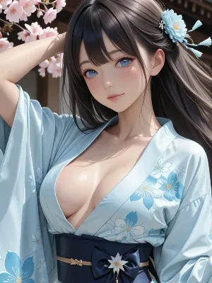 桜の下の青い着物