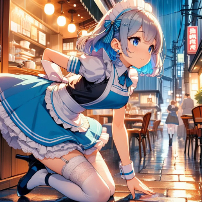 雨の日の青髪ウエイトレスさん