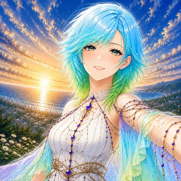 海辺の夕陽と青い髪の少女