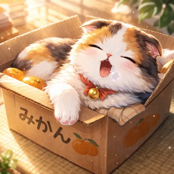 みかん箱の幸せな子猫の夢