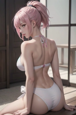 ピンクの美女はうなじを見せる