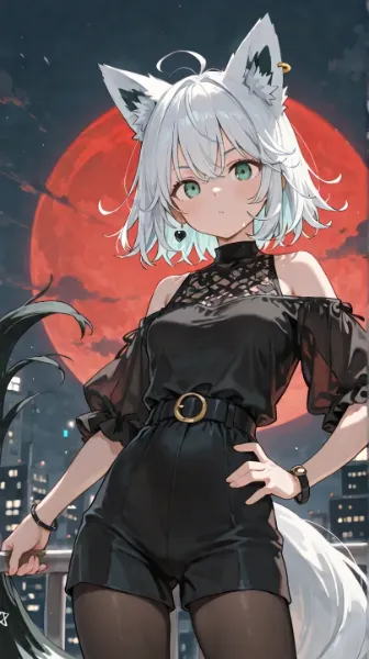 赤い月の下の白髪獣耳少女