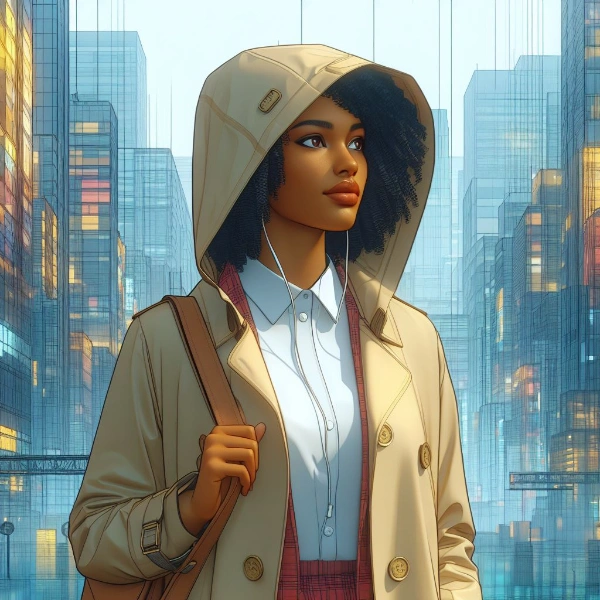 レインコートを着て出勤している女性