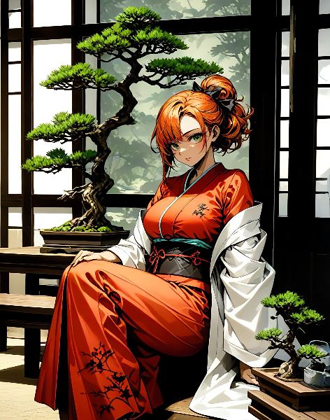 紅の着物と盆栽と