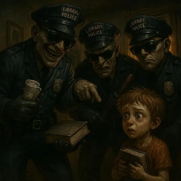 「図書館警察だ。借りた本はきっち返してもらうぞ。延滞期間の利息をつけてな」