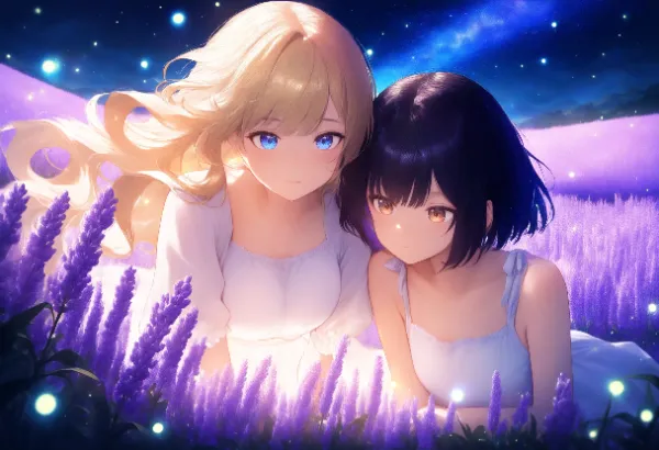 黒髪＆ブロンド・ラベンダーと星空とホタル