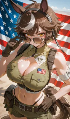 星条旗の下に立つ軍馬娘