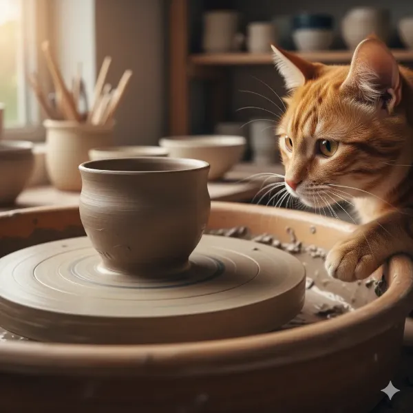 好奇心の陶芸家、猫の朝の創作