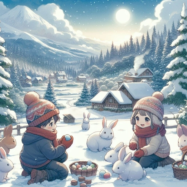 カラフル雪団子に集まる兎