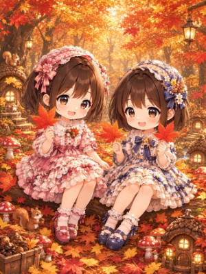 紅葉の森の小さな姉妹