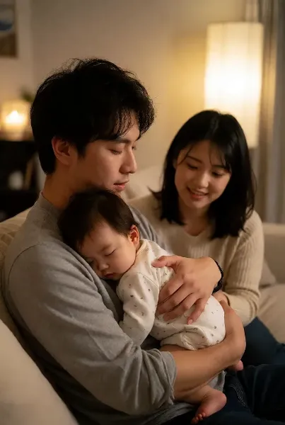 父の腕で眠る我が子　穏やかな夜