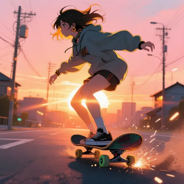 夕陽の街を駆け抜けるスケーターガール