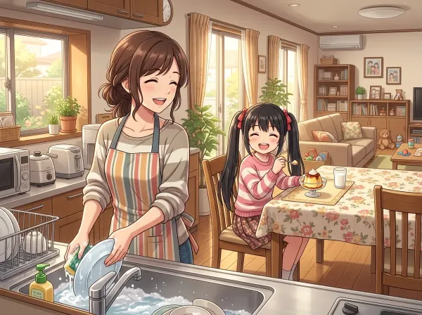 母娘の笑顔あふれる朝のキッチン