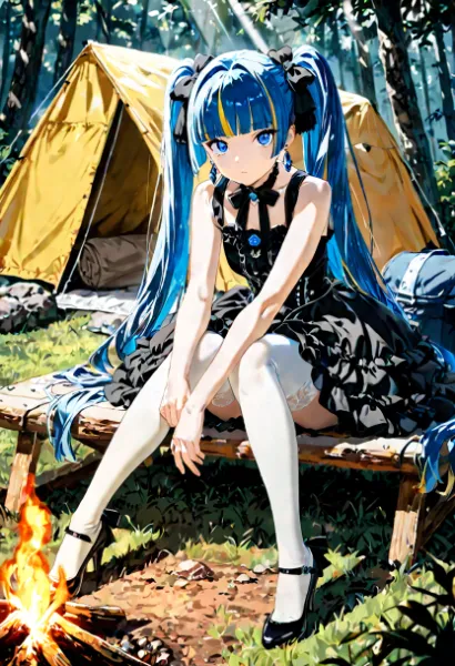 青髪の少女と森の焚き火キャンプ