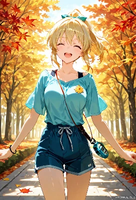 秋の紅葉散歩で笑顔を広げる少女