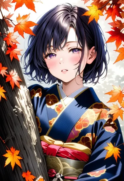 紅葉に染まる着物美少女