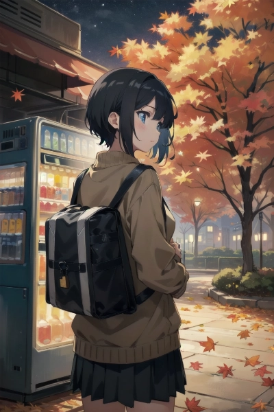 秋の公園の暗い夜道を。君は