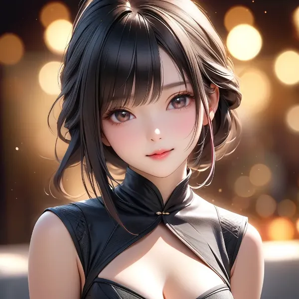 夜の光に浮かぶ黒髪美女